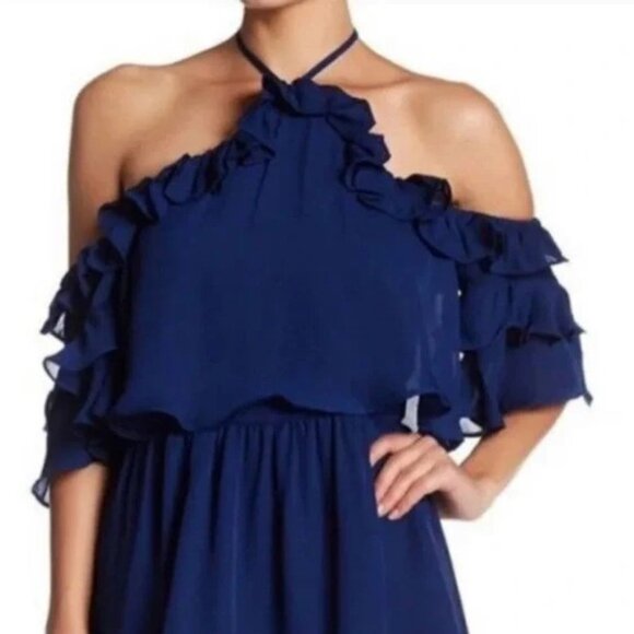 Parker Navy Ruffle Cold Shoulder Tiered Cocktail Dress - Picture 4 of 13